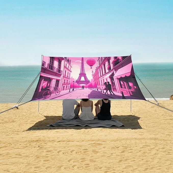 Eiffel Tower Beach Canopy Sun Shelter with Sandbags &amp Sand Shovel &amp Windproof Ropes - Portable 110x126 Beach Shade Beach Tent for Camping Picnics
