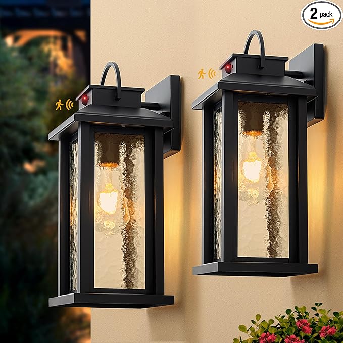 2 Pack Motion Sensor Outdoor Lights Matte Black Dusk to Dawn Porch Lights Outdoor Light Fixture with Water Glass 3 Lighting Modes Exterior Lighting Fixtures Waterproof Outside Light for House