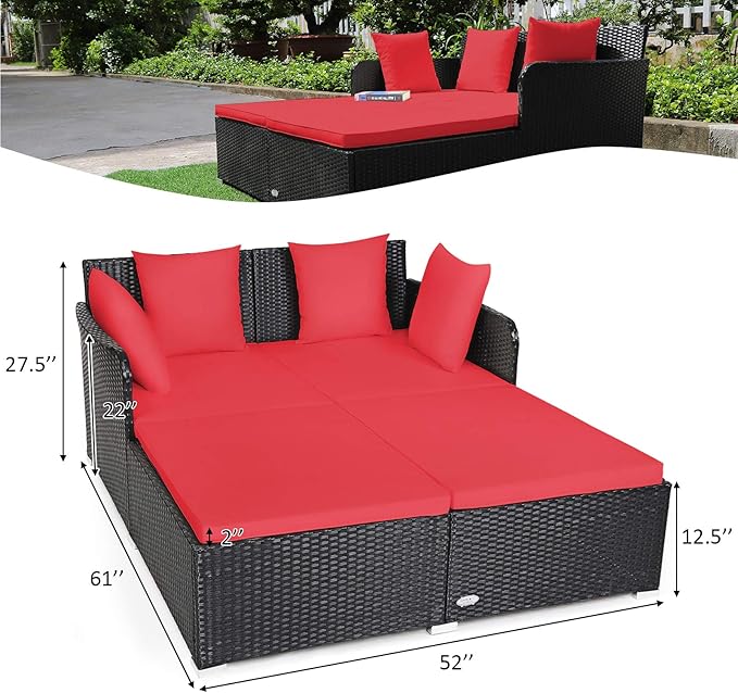 Tangkula Outdoor Rattan Daybed Sunbed Wicker Furniture w/Spacious Seat Upholstered Cushion &amp High-Resilience Sponge Wicker Patio Sofa Set w/Extra Pillows for Courtyard Poolside(Red)