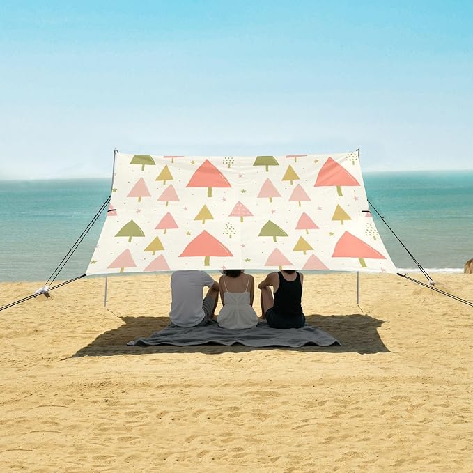 xigua Tree Beach Tent Sun Shelter with Carrying Bag - Silver Coated Oxford Fabric Beach Canopy for Beach Camping Fishing - Includes Windproof Ropes Sandbags &amp Stakes
