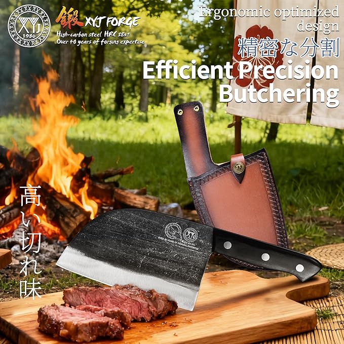 XYJ Authentic Since 1986Outstanding Ancient Forging6.7 Inch Full TangSerbian Chefs knifeChef Meat CleaverKitchen KnivesSet with Leather SheathTake CarryingButcher