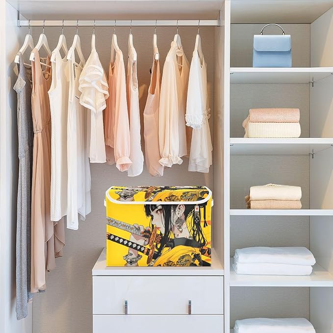 Storage Cube with Lid Samurai Anime Yellow Print 16.5×12.6×11.8 IN Collapsible Large Capacity Foldable Storage Basket Bin Organizer
