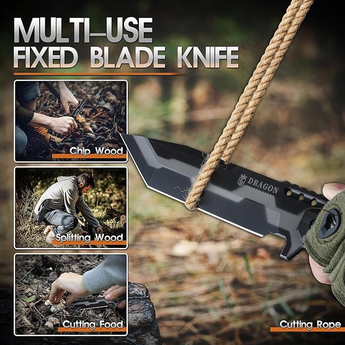 Dragon Creek Fixed Blade Knife - Outdoor Survival Knife for Camping Hiking Gift Men Black