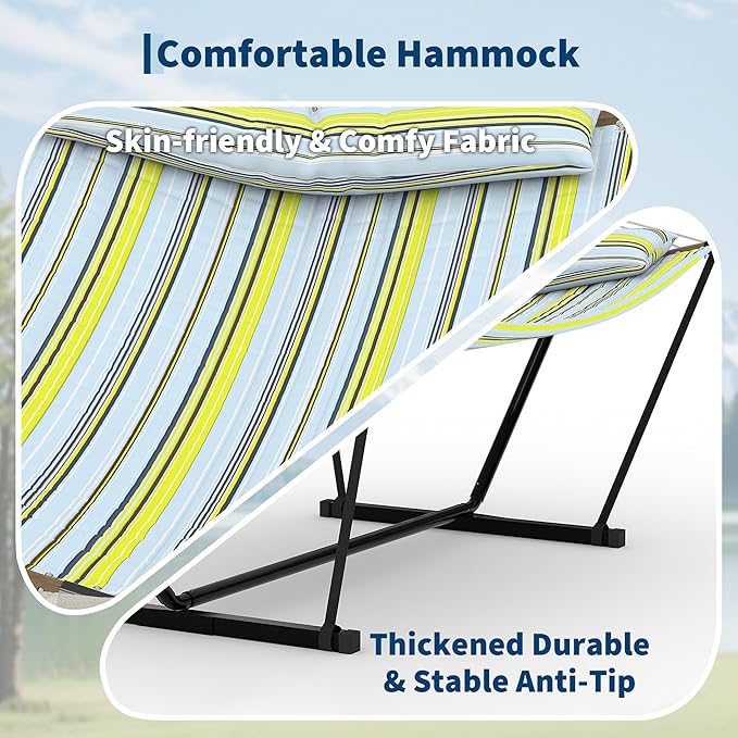 2 Person Double Hammock with Adjustable Steel Stand &amp Pillow Heavy Duty Portable Outdoor Hammock Set MAX 450 LBS Weight Capacity for Patio Garden Beach Backyard