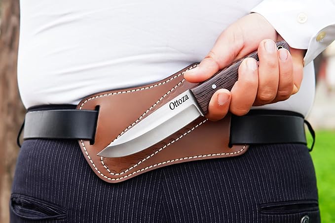 Ottoza Full Tang Bushcraft Knife with 1095 Carbon Steel Fixed Blade - Survival and Outdoor Camping Knife - Wenge Wood Handle Brown Leather Sheath 428