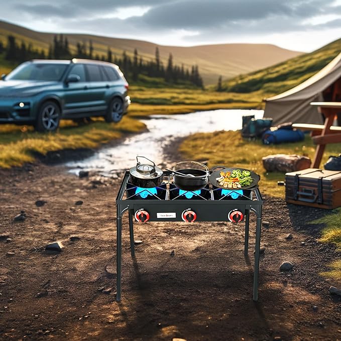 Vivicreate 3 Burner High pressure Propane Stove 28 Inch Tall Camping Stove with cast iron burner 105000 BTU power Stable Legs for Outdoor Use