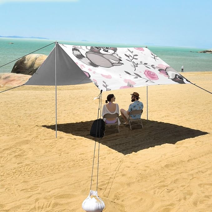 ALAZA Cute Cartoon Raccoons Rose Beach Tent Sun Shelter Portable Canopy Sunshade for Outdoor Camping Picnics Backyard Fun 10x9 ft