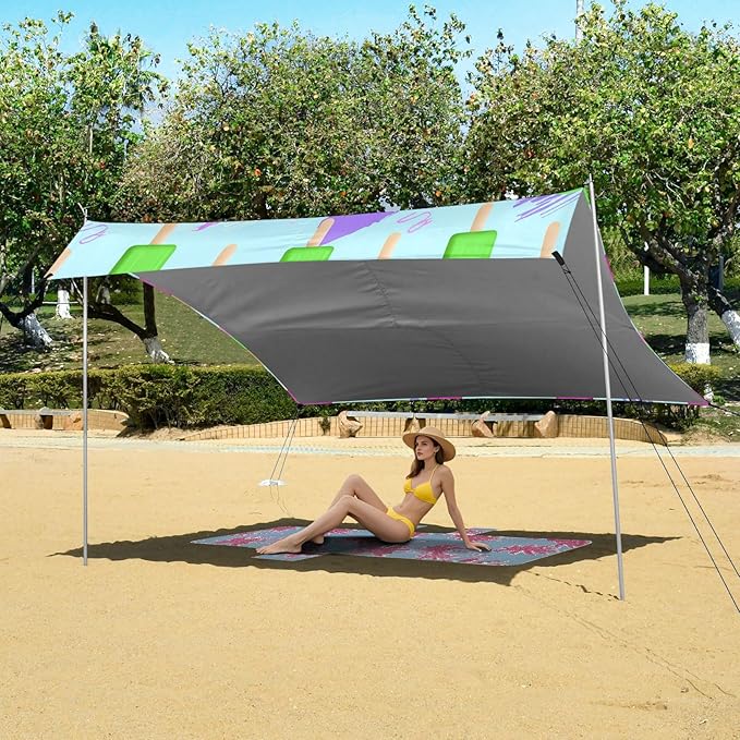 xigua Ice Sucker Beach Tent Sun Shelter with Carrying Bag - Silver Coated Oxford Fabric Beach Canopy for Beach Camping Fishing - Includes Windproof Ropes Sandbags &amp Stakes