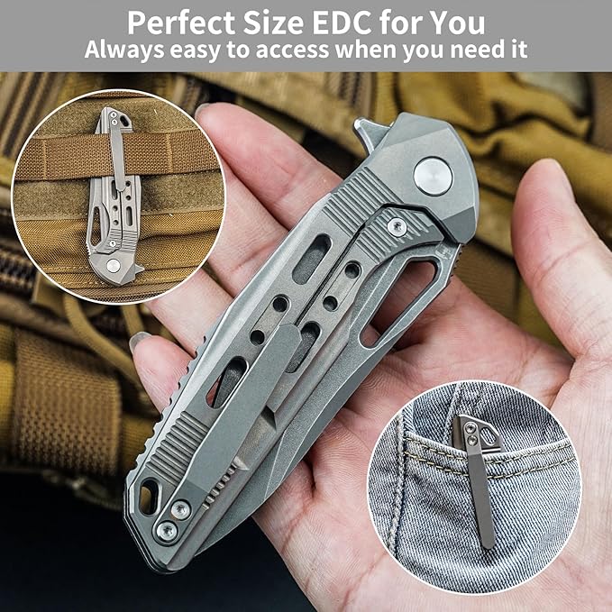 HX OUTDOORS Foldable Pocket Knife with Lock High End S35VN Steel Folding Knife with Non Slip Titanium Alloy Handle(Silver)