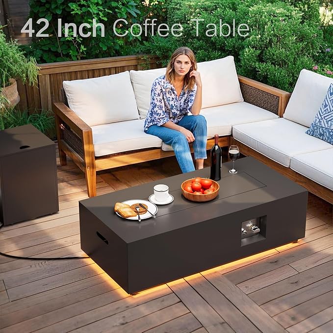 42 Outdoor Fire Pit Table 50000 BTU Gas Fire Pit with Glass Wind Guard Fire Stones Waterproof Cover Propane Fire Pit Table for Outside Patio (Warm Light Black)
