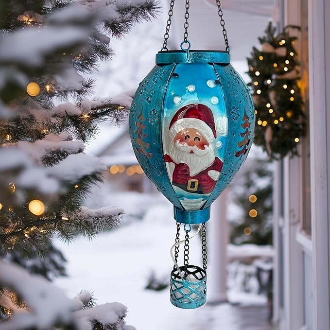 Outdoor Hot Air Balloon Solar Lanterns with Flame Solar Lights Outdoor Waterproof Hanging Christmas Lanterns Decor for Patio Porch Xmas Holiday Party(Santa Claus)