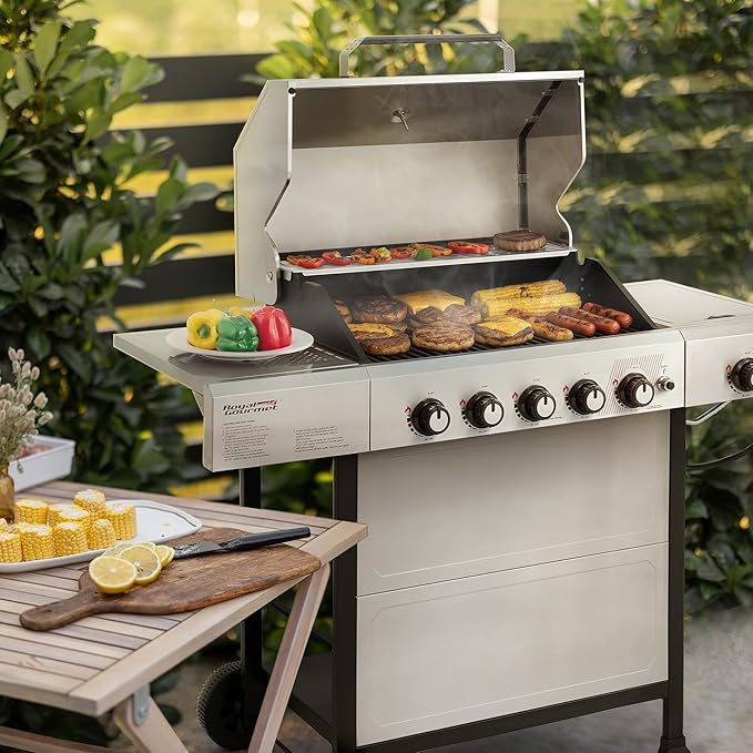 Royal Gourmet GA5401T 5-Burner BBQ Liquid Propane Gas Grill with Side Burner Stainless Steel 61000 BTU Output for Patio Garden Picnic Backyard Cooking Silver