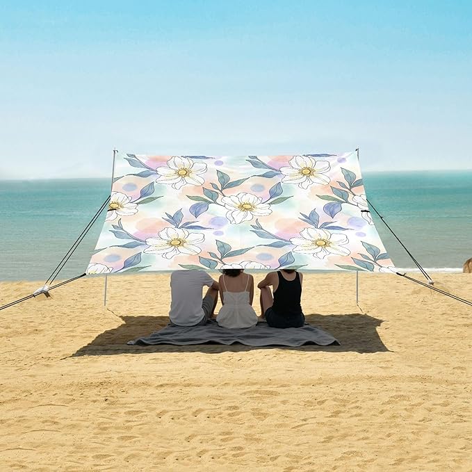 Daisy Beach Canopy Sun Shelter with Sandbags &amp Sand Shovel &amp Windproof Ropes - Portable 110x126 Beach Shade Beach Tent for Camping Picnics