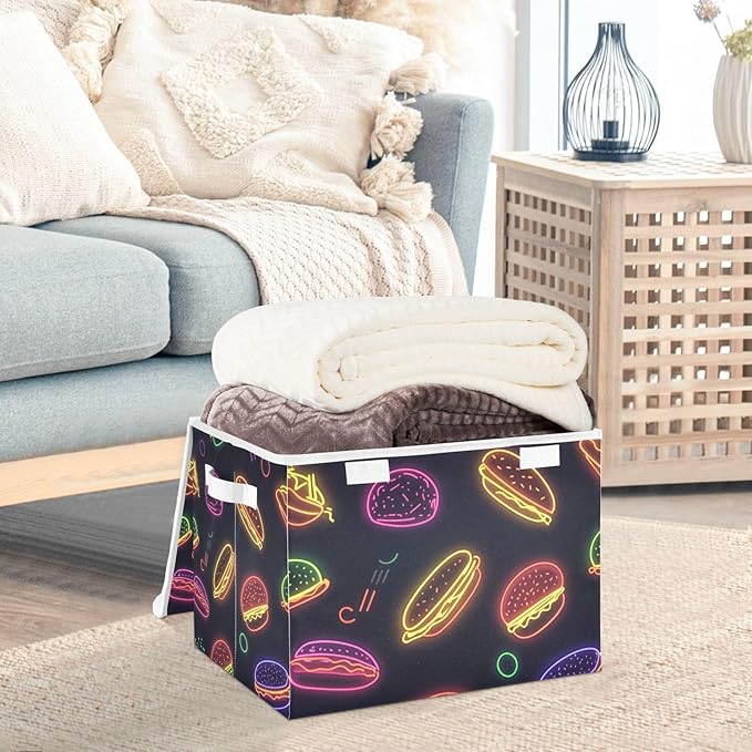 Collapsible Storage Bins with Lids Decorative Fabric Storage Cubes Closet Organizer and Storage Basket Boxes Containers for Clothes Box Chest Nursery Folding Rectangle Neon Burgers Black