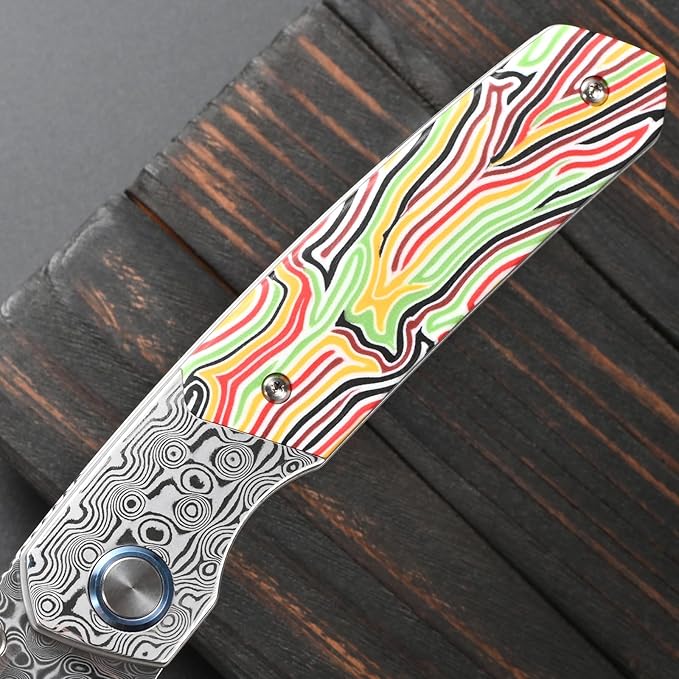 Sitivien ST271 Damascus Steel Blade Folding Knife Damascus &amp Colorful G10 Handle with Ball Bearing for Men Women Outdoor Camping Hiking Fishing(Color)