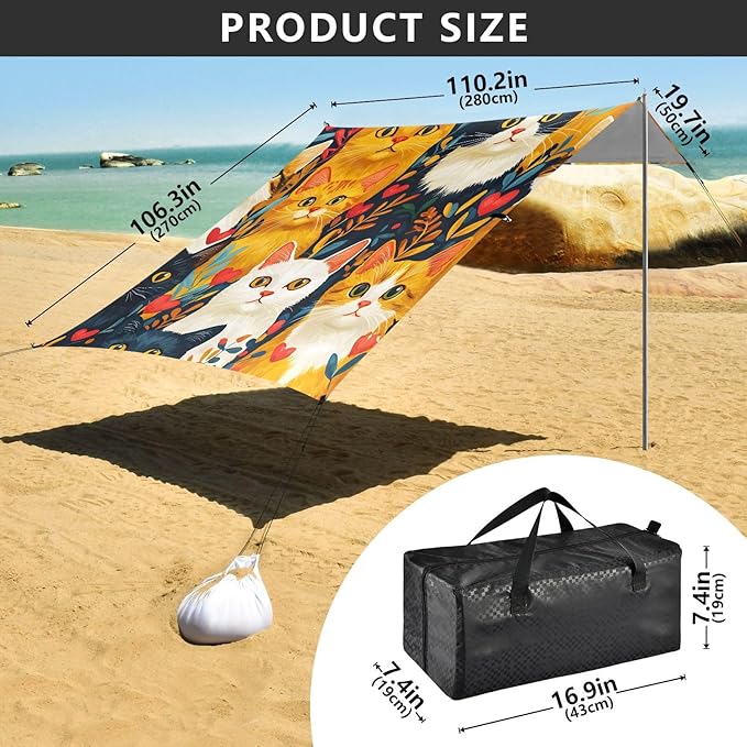ALAZA Colorful Cat Pattern Beach Tent Sun Shelter Portable Canopy Sunshade for Outdoor Camping Picnics Backyard Fun 10x9 ft