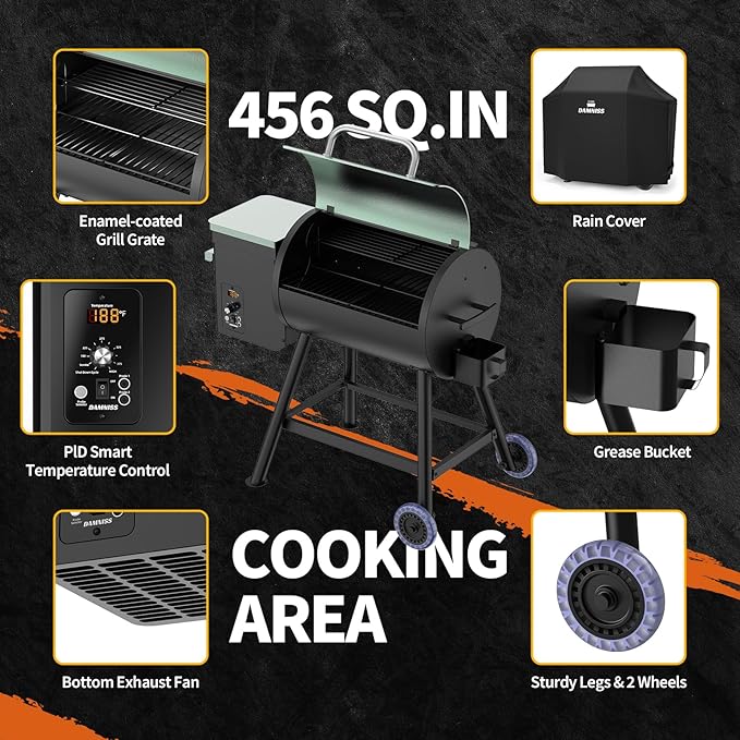 DAMNISS Electric Wood Pellet Grill 8 In 1 BBQ Grills for Outdoor Grill with Auto Feed &amp PID Temperature Control (180-450°F)456 Sq.In Cook Area Smoker Gills for Backyard New House Gifts