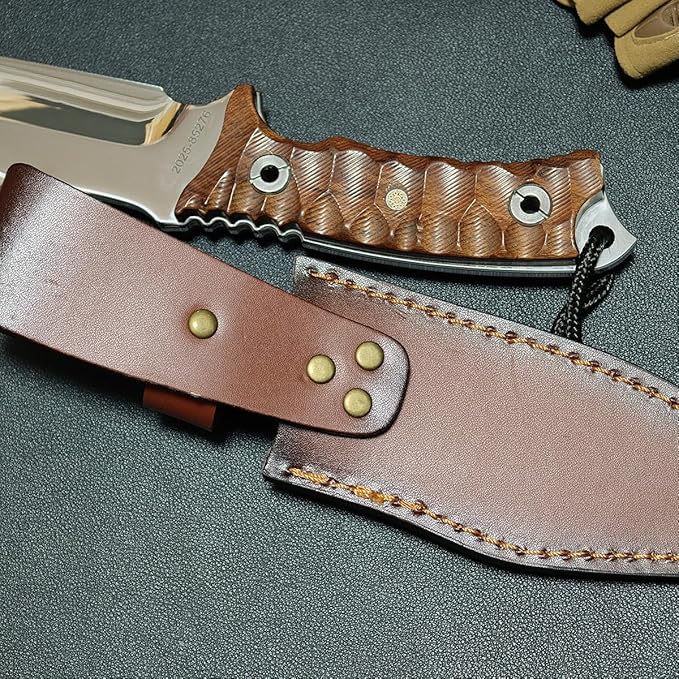 Fixed Blade Hunting Knife 10.6 Full Tang Survival Knife with 9Cr15MoV Steel Blade Heavy Duty Outdoor Knife with Window Breaker Non-Slip Extended Tang Leather Sheath for Survival Camping Hiking