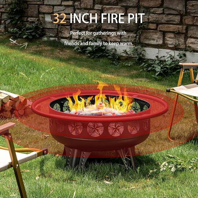 32 Inch Fire Pit with Swivel Cooking Grate3-in-1 Wood Burning Firepit with GrillOutdoor Fire Pits Table with Metal Lid and Poker for Outside Patio Backyard BBQ Bonfire Camping (32 Inch)