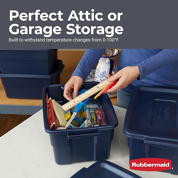 Rubbermaid Roughneck Tote 3 Gal 6 Pack Made in USA Dark Indigo Metallic Rugged Plastic Stackable Storage Bins with Lids and Handles