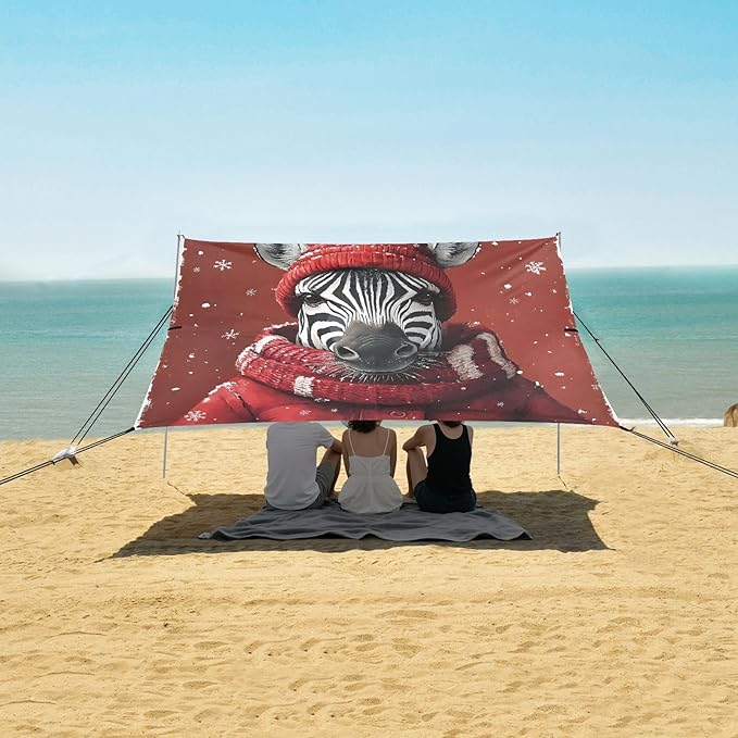 ALAZA Christmas Zebra Beach Tent Sun Shelter UPF50+ Protection Beach Shade Canopy w/ 4 Sandbags for Outdoor Camping Fishing Backyard Fun Picnic 10x9 ft