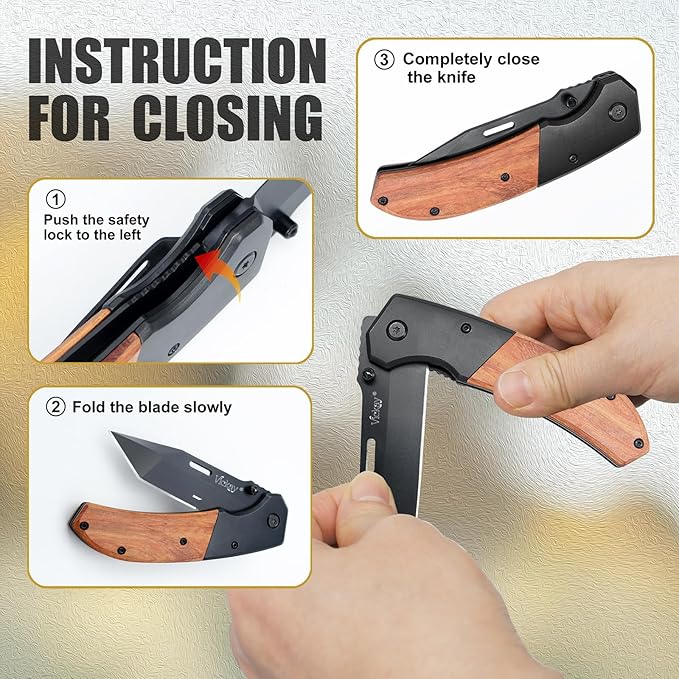 Vickay Pocket Knife Folding Knife with Clip - 3.54″ Steel Blade Wood Handle EDC Knife for Men &amp Women Outdoor Camping Hunting Hiking Fishing - Father’s Day Gift (Black)