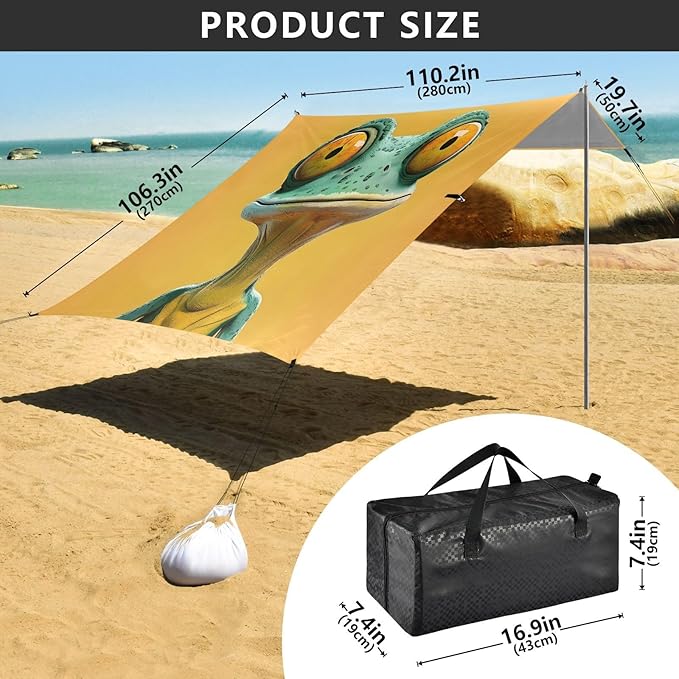 ALAZA Lizard Funny Frog Beach Tent Sun Shelter UPF50+ Protection Beach Shade Canopy w/ 4 Sandbags for Outdoor Camping Fishing Backyard Fun Picnic 10x9 ft
