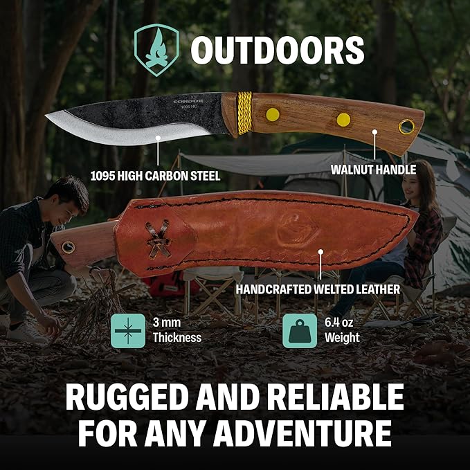 Condor Tool &amp Knife Huron Bushcraft Knife - 1095 High-Carbon Steel Blade - Full-Tang Construction - Ergonomic Walnut Handle - Handcrafted Leather Sheath - Ideal for Bushcraft Camping &amp Surviv