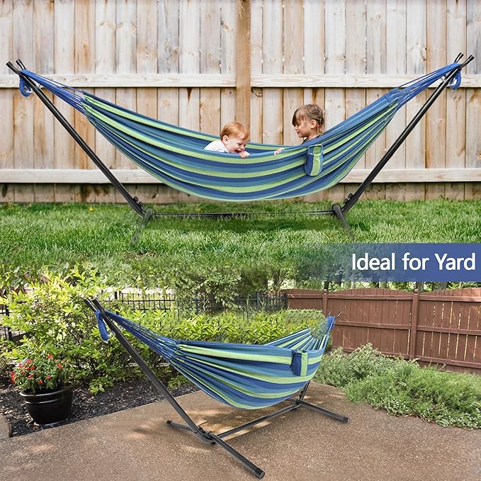 ONCLOUD 550 LB Capacity Double Hammock with Stand – Portable Bag Included (Blue Green Stripe)