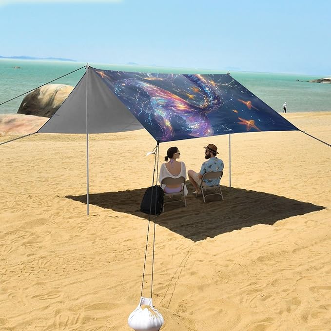 ALAZA Mermaid Starfish Beach Tent Sun Shelter UPF50+ Protection Beach Shade Canopy w/ 4 Sandbags for Outdoor Camping Fishing Backyard Fun Picnic 10x9 ft