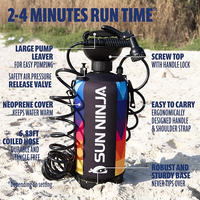 SUN NINJA Portable Shower and Bucket Hat Bundle with Multi-Spray Shower Head Neoprene Cover UPF 50+ Reversible Sun Hat Shoulder Strap - Outdoor Camping Beach Hiking &amp Sun Protection