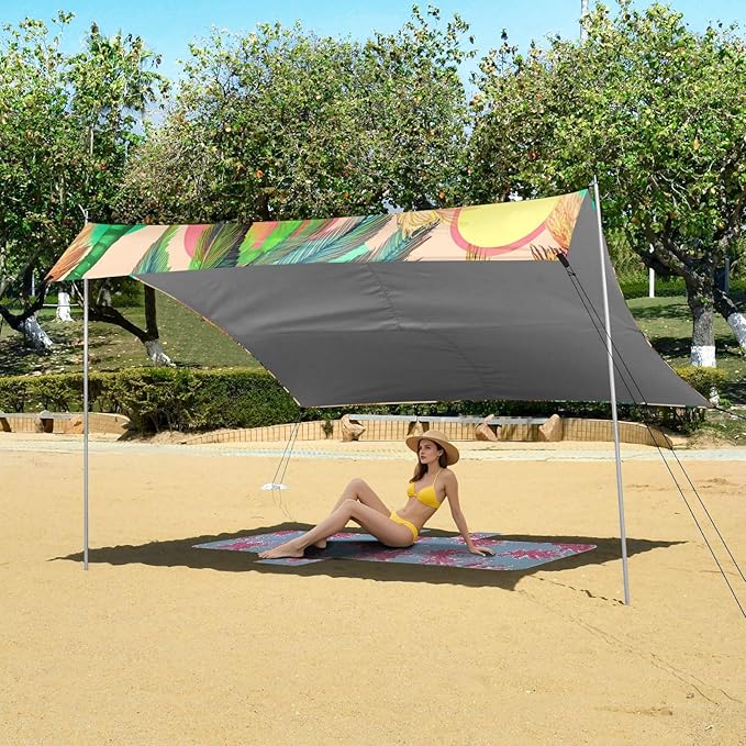 Beach Canopy with Windproof Ropes &amp Sandbags Beach Tent Sun Shade Sun Shelter for Camping Trips Fishing Backyard Fun or Picnics Palm Tree