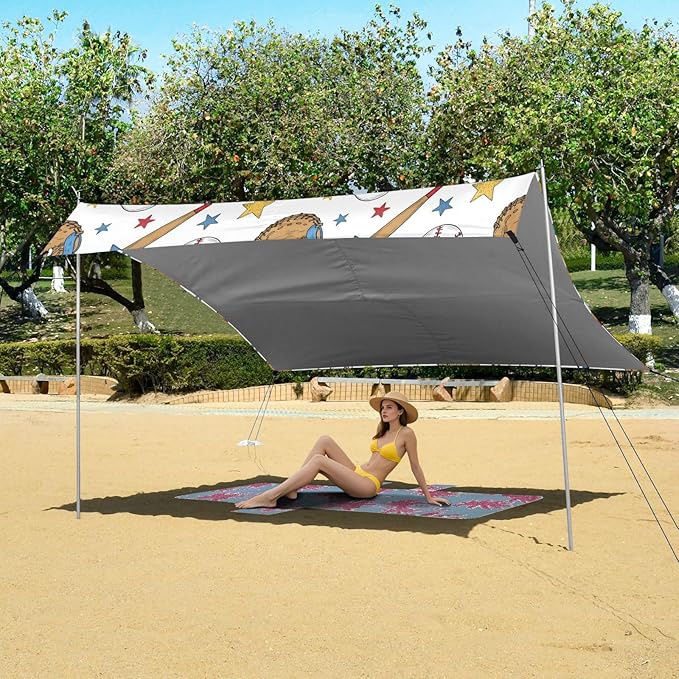 xigua Baseball Beach Tent Sun Shelter with Carrying Bag - Silver Coated Oxford Fabric Beach Canopy for Beach Camping Fishing - Includes Windproof Ropes Sandbags &amp Stakes