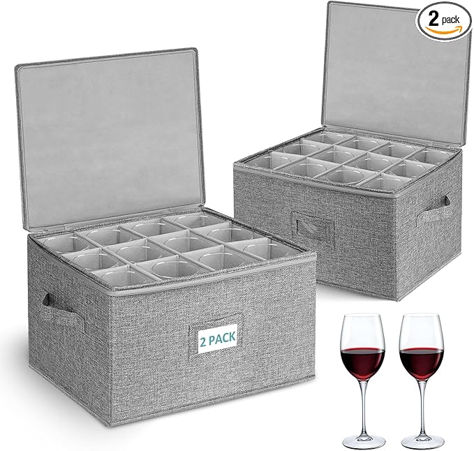 Cirhy Wine Glass Storage Box Hard Shell 10'' Tall Stemware Storage Containers for Moving Holds 24 Crystal Glasses &amp Flutes Stackable Glassware Chest with Dividers Grey (2-Pack)