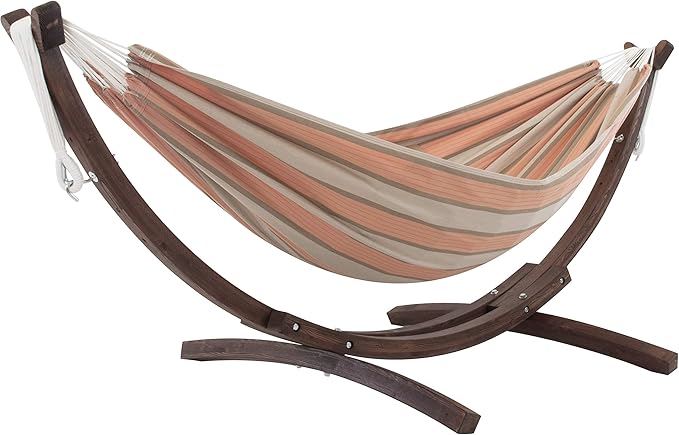 Vivere Double Cotton Hammock with Solid Pine Arc Stand - 450 lb Capacity Durable FSC Wood Frame Includes Hardware &amp User Guide - 450 lb Weight Capacity (Cameo)