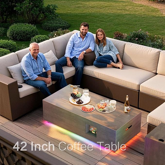 42 Outdoor Fire Pit Table 50000 BTU Gas Fire Pit with Glass Wind Guard Fire Stones Waterproof Cover Propane Fire Pit Table for Outside Patio (RGB Light Brown)