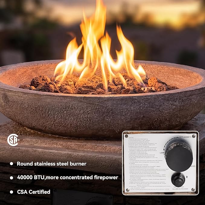 COSIEST Outdoor Propane Fire Pit Table w Faux Brown Compact Ledge Stone 20 Square Base and Faux Rose-Marble Round Bowl Certified 40000 BTU Free Lava Rocks Fits 20lb Tank Inside Raincover