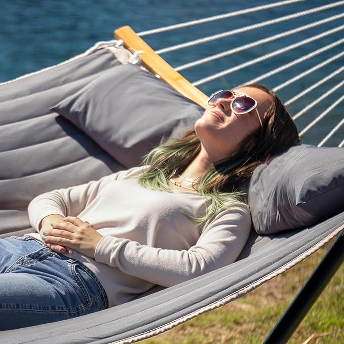 Outdoor Hammock with Stand Included Heavy Duty Hammock with Curved Spreader Bar Pillow and Portable Bag 450 Lbs Capacity Grey