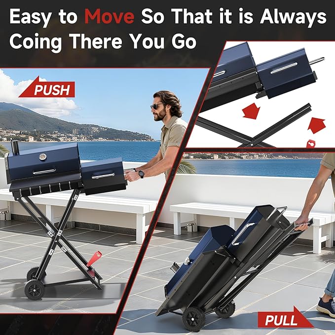 Portable Charcoal Grill with Smoking Function Foldable Suitcase Design with Wheels Multi-Tier Storage Rack &amp Waterproof Cover for Outdoor BBQ Parties (Blue)