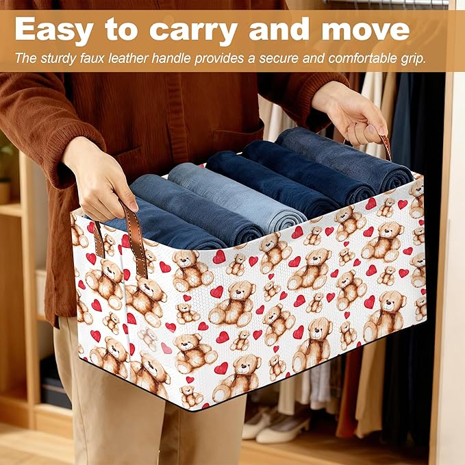 Bear Heart Storage Bin with Handles Valentines Love Basket Storage Organizer for Shelves Closet Nursery Book Laundry Hamper &amp Home Decor