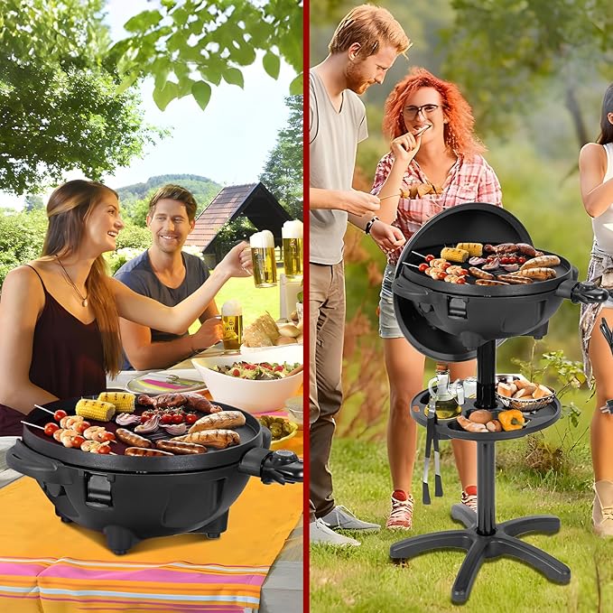 Electric Grill Outdoor/IndoorPortable BBQ Grill with Nonstick Surface200 Square Inches Indoor Electric Barburcue Grill with Adjustable HeatStand/Tabletopfor Patio/Yard/Home(Black)