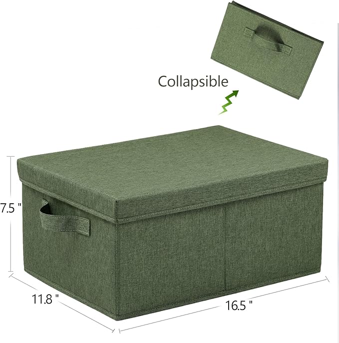HOONEX Storage Bins with Lids for Organizing Pack of 2 Storage Boxes with 2 Carrying Handles and Sturdy Heavy Cardboard 16.5 L x 11.8 W x 7.5 H for Shoes Books Clothes Olive