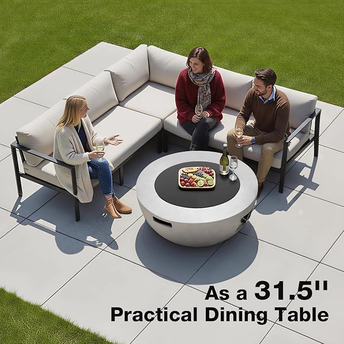 31.5 Inch Round Propane Fire Pit Table - Concrete Round Fire Bowl 50000 BTU Natural Gas Firepit Burner with Steel Lid Lava Rocks Waterproof Cover for Outside Patio Backyard Party