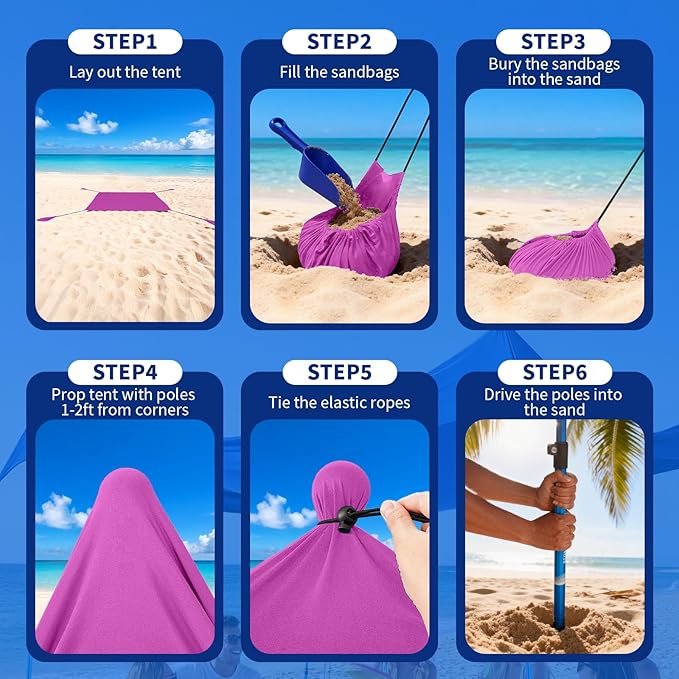CROWN SHADES 10x10 Beach Tent Sun Shelter Easy Pop Up Beach Canopy Shade Portable Outdoor Carpas UPF50+ Includes 4 Poles Adjustable Aluminium Extra-Large Big Sand Shovel Purple