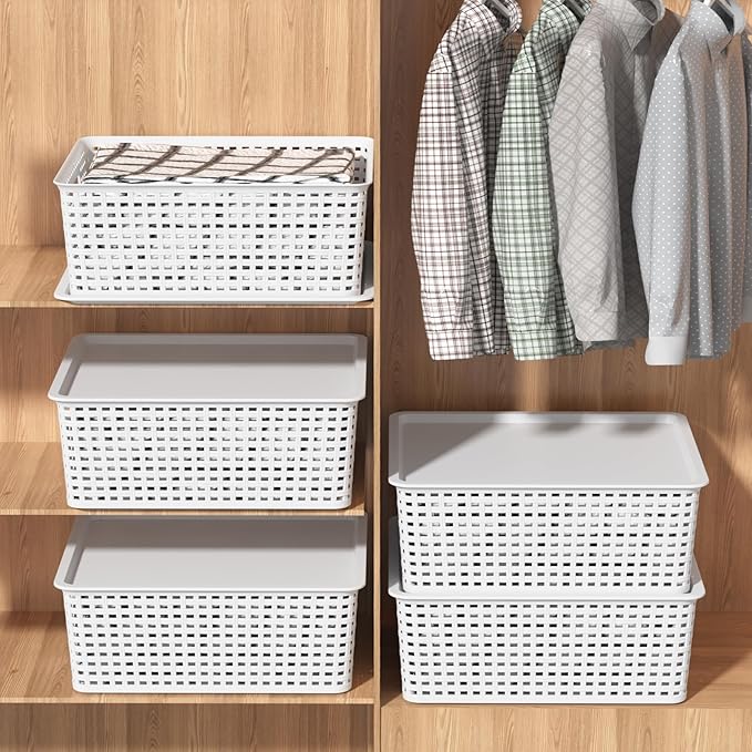 6 Packs Plastic Woven Storage Basket with Lid Stackable Lidded Storage Baskets for Shelves (White)
