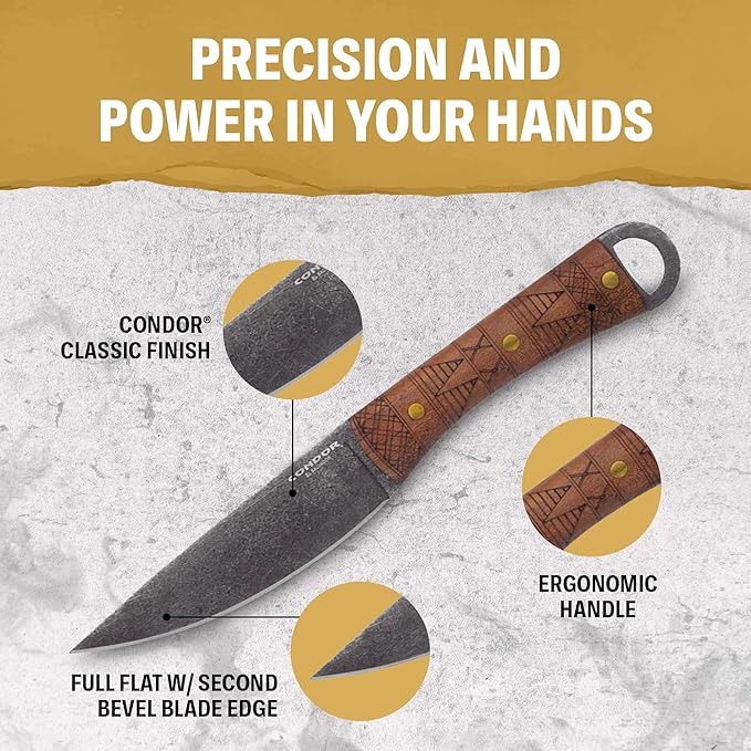 Condor Tool &amp Knife Lost Roman Fixed Blade Knife - 1075 High Carbon Steel - Hand Crafted Welted Leather Sheath - Walnut Handle - 4.9 Inches Blade - 3mm Thick - 7.3 Ounce