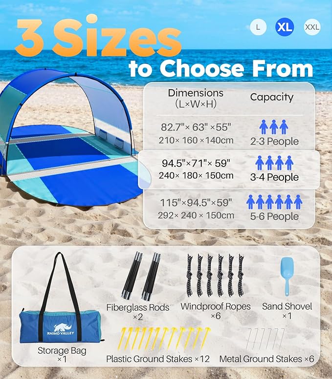 Rhino Valley Beach Tent with Double Zippered Doors Beach Tent Sun Shelter with UPF50+ UV Protection Beach Canopy Portable Storage Bag for Beach Camping Fishing for 3-4 People