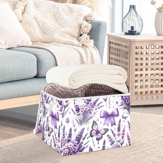 susiyo Large Foldable Storage Bin with Flip-Top Lid Lavender Flowers Butterflies Storage Box Collapsible Closet Organizer Containers Boxes Decorative Baskets with Handles for Home Bedroom Living Room