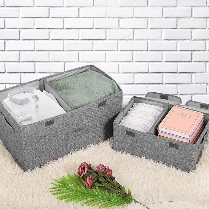 2 Pack Storage Boxes with Lids and Handles Collapsible Linen Storage Bins Organizer Containers Baskets Cube with Removable Divider for Home Bedroom Closet Office (Orange Large)