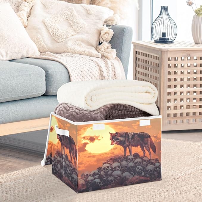 AIXIWAWA Lidded Storage Cube (Wolf on Skulls) Fabric Foldable Closet Bins with Flip Lid and Handles Organizer Basket Container 16.5 x 12.6 x 11.8 IN